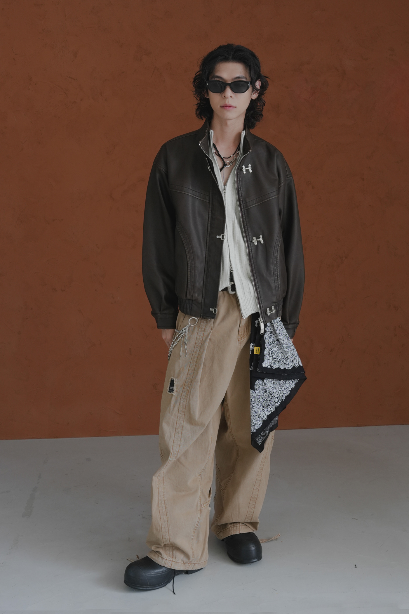 【Unisex】Hooking Washed Leather Jacket #皮外套