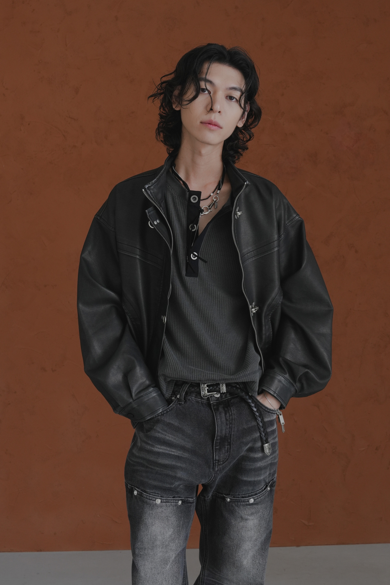 【Unisex】Hooking Washed Leather Jacket #皮外套