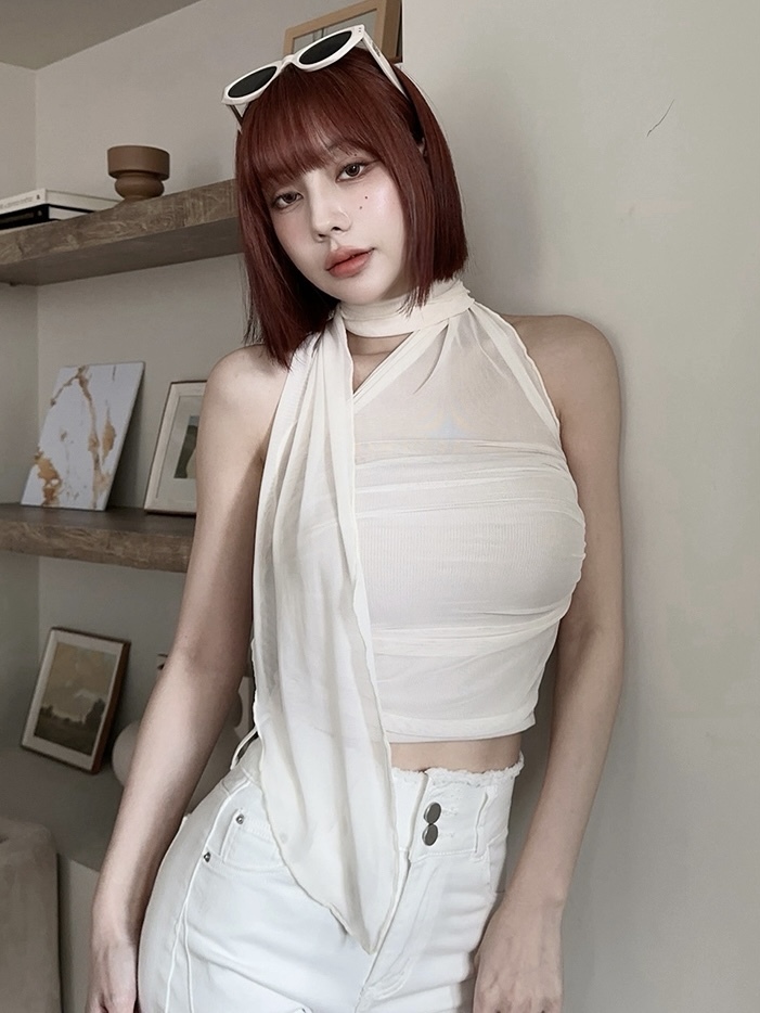 🤍時尚繞脖網紗背心（杏色均碼）有罩杯