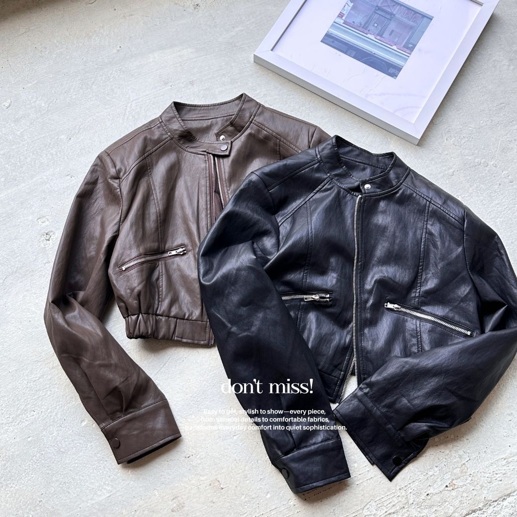 【短版皮外】DOMISS率性甜辣立領皮衣 短版皮衣 外套 必收氣場單品-3色(現貨)