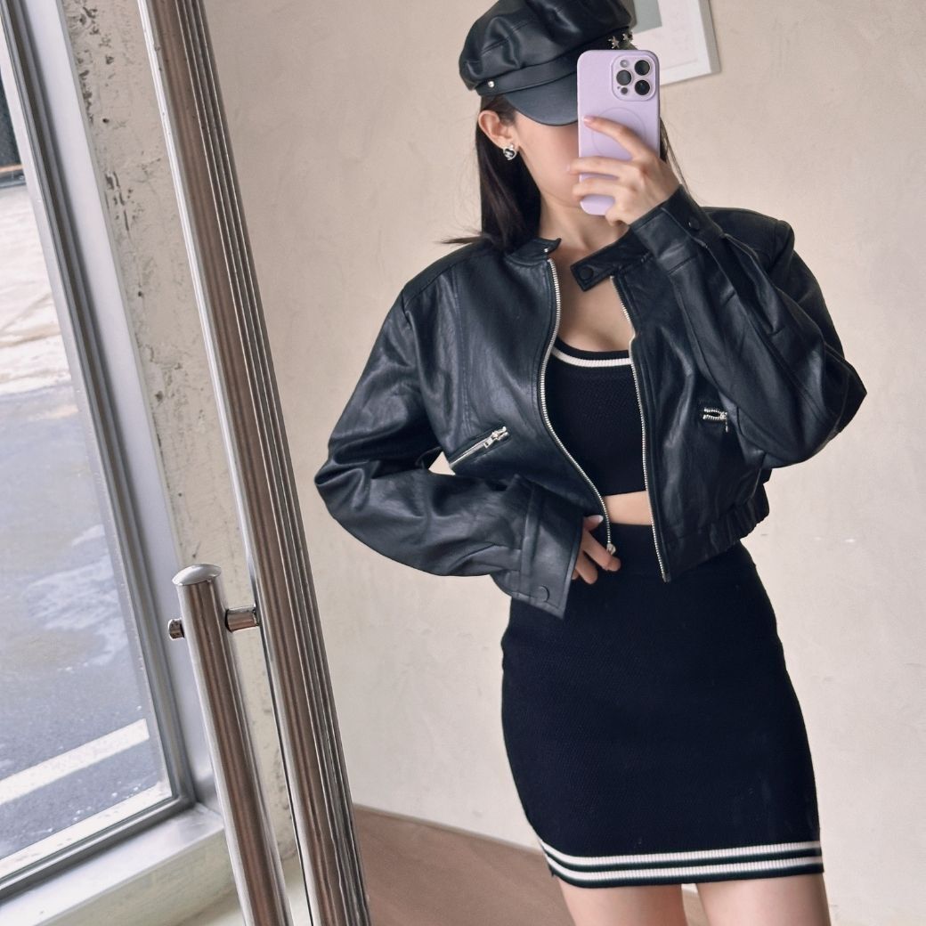【短版皮外】DOMISS率性甜辣立領皮衣 短版皮衣 外套 必收氣場單品-3色(現貨)