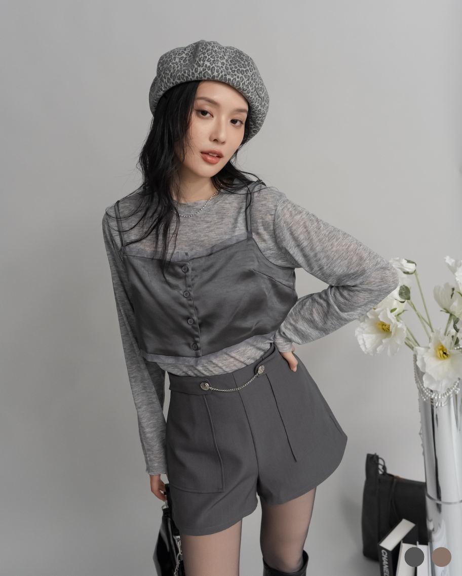 緞面光澤排釦兩件式上衣