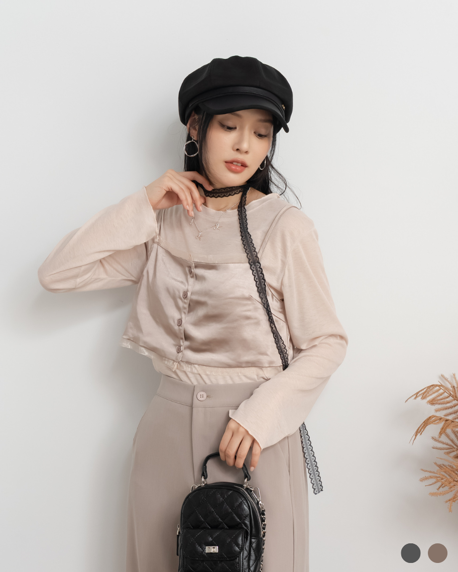 緞面光澤排釦兩件式上衣