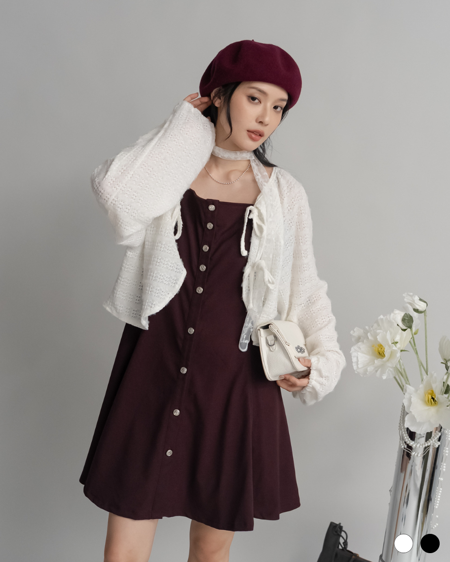 柔霧紋理針織綁帶罩衫