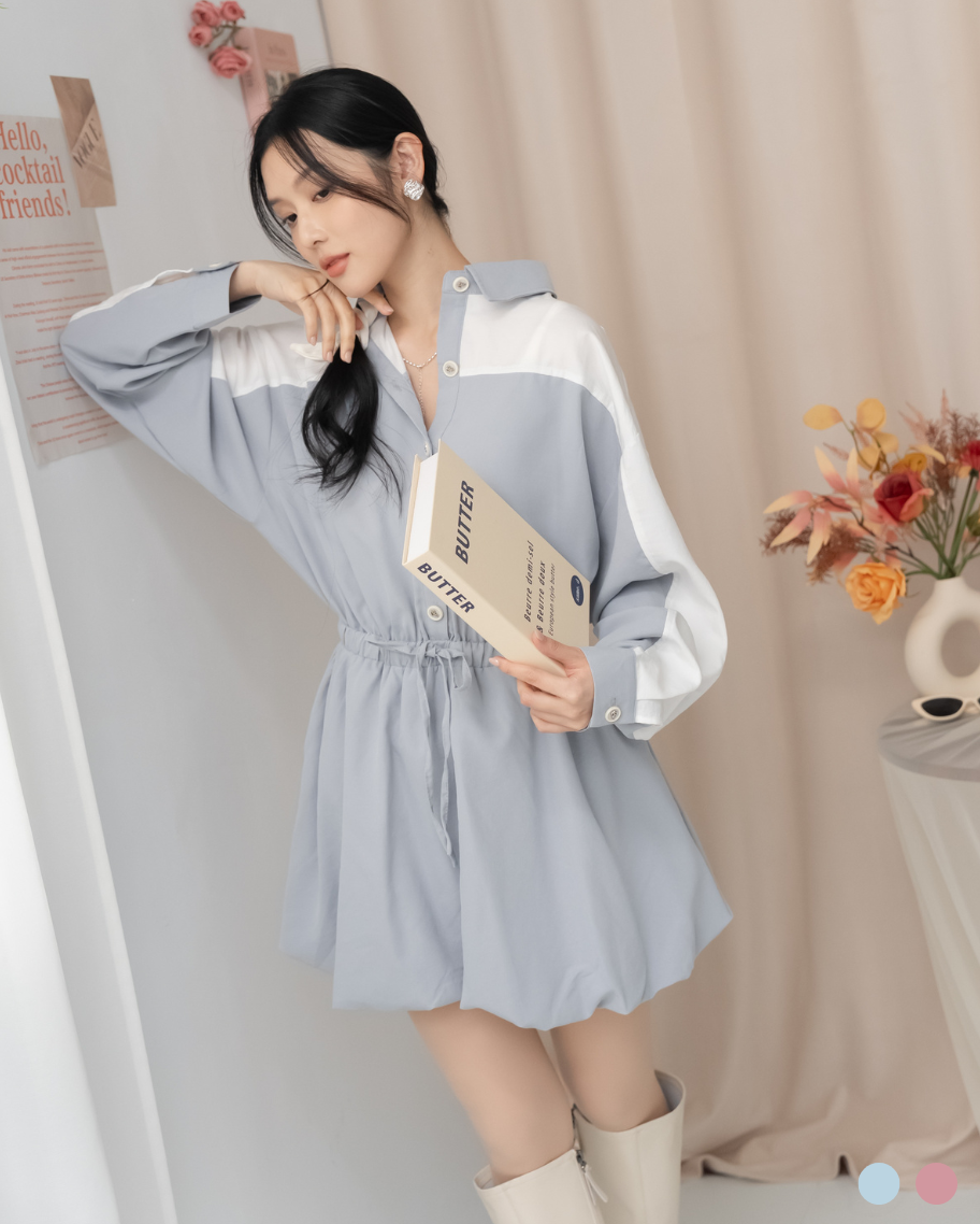 甜美撞色拼接抽繩氣球裙洋裝