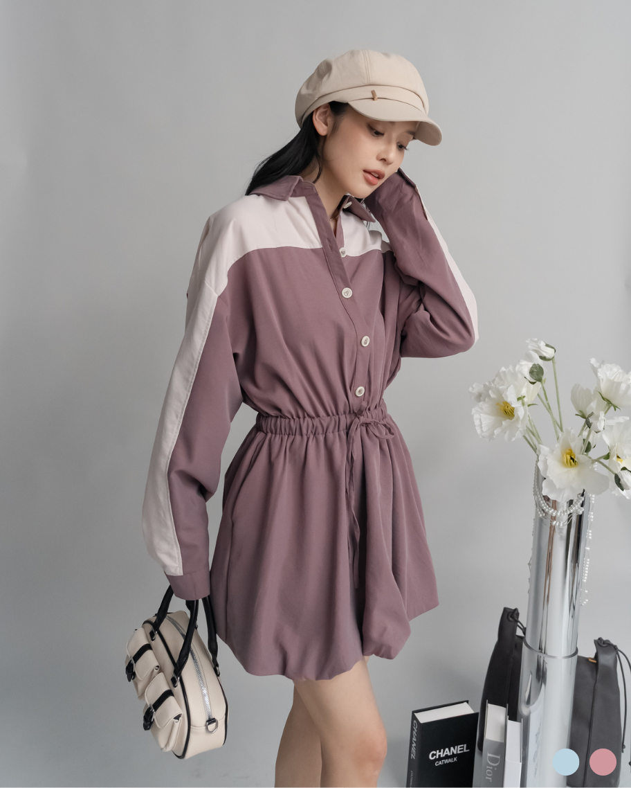 甜美撞色拼接抽繩氣球裙洋裝