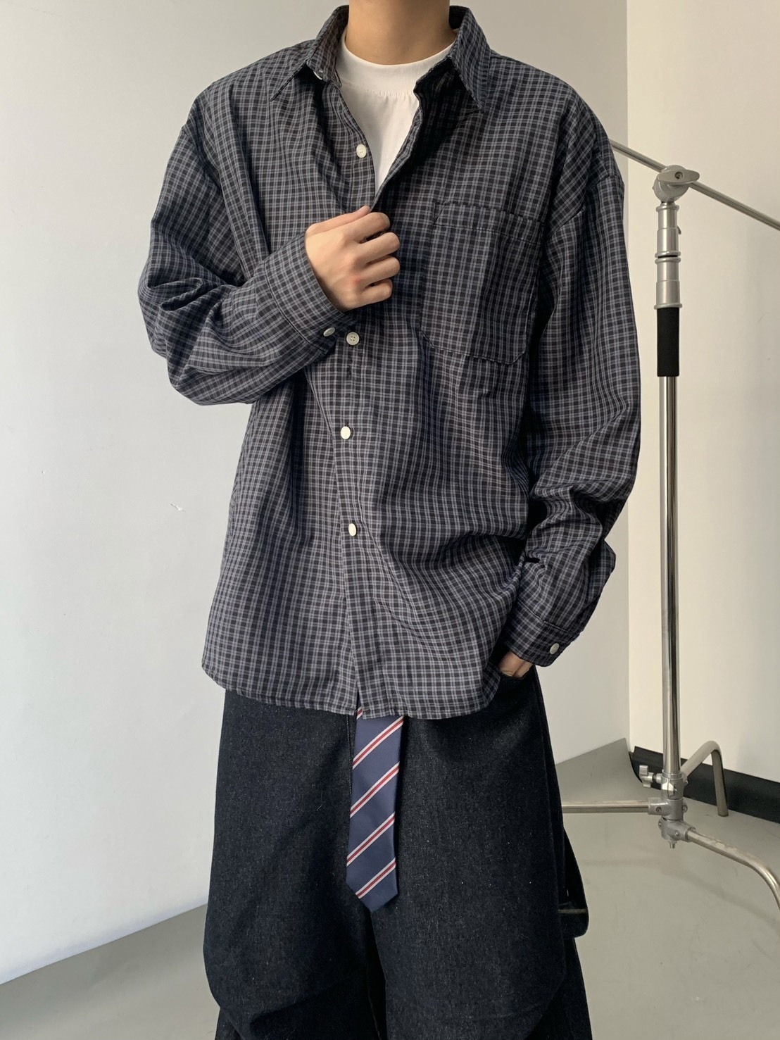 （預購）LT010 日系 左胸口袋 細格紋 長袖襯衫