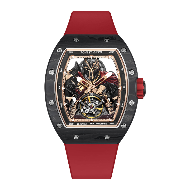 【Bonest Gatti 布加迪】斯巴達勇士系列BG9009 酒桶 碳纖維 鏤空 夜光 氟橡膠 機械 手錶