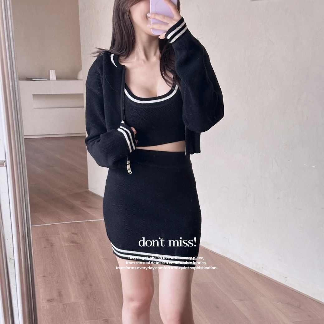 【miu系學院三件套】DOMISS針織棒球撞色套裝-2色 背心短裙外套三件式 韓系氣質 運動風套裝(現貨)