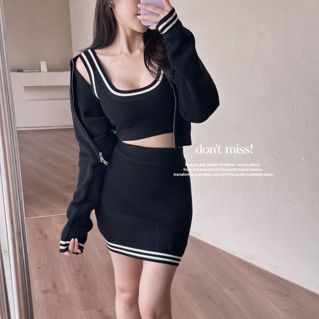 【miu系學院三件套】DOMISS針織棒球撞色套裝-2色 背心短裙外套三件式 韓系氣質 運動風套裝(現貨)