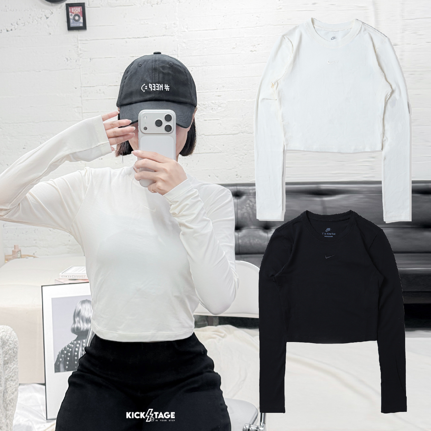 女款 NIKE NSW TEE 米白 黑 小勾 刺繡 彈性 休閒 運動 短版 合身 長袖【HF5323】