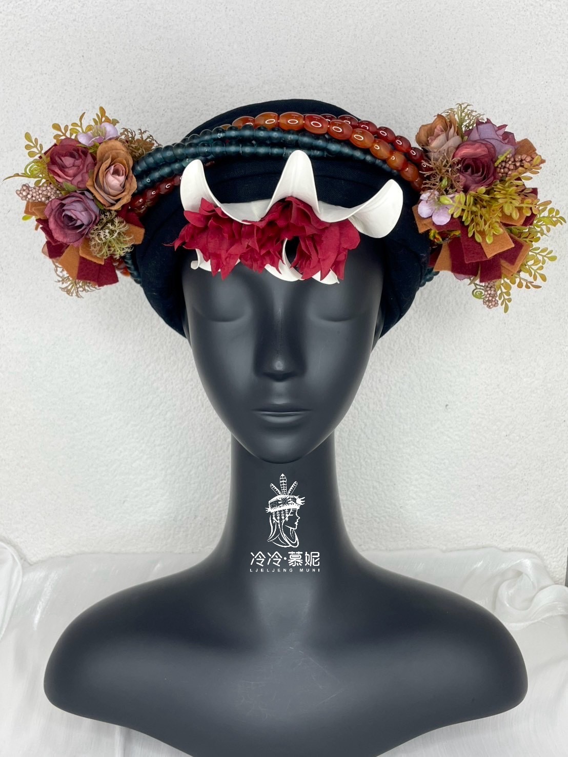 W-No.68貿易老珠藏銀配花轉珠頭飾