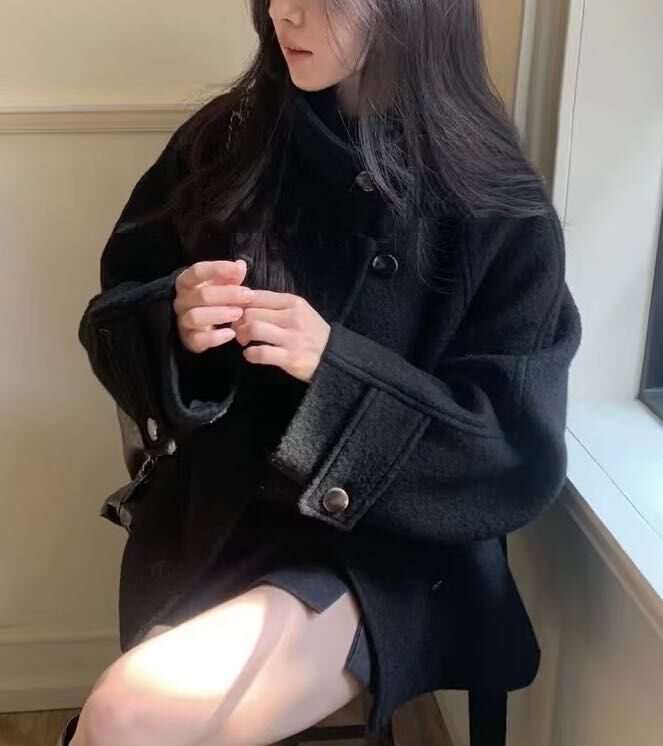 韓國 - 短身小企領束腰羊絨褸(80%羊毛）