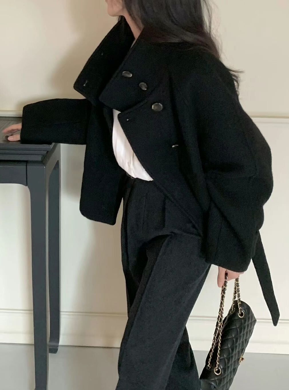 韓國 - 短身小企領束腰羊絨褸(80%羊毛）