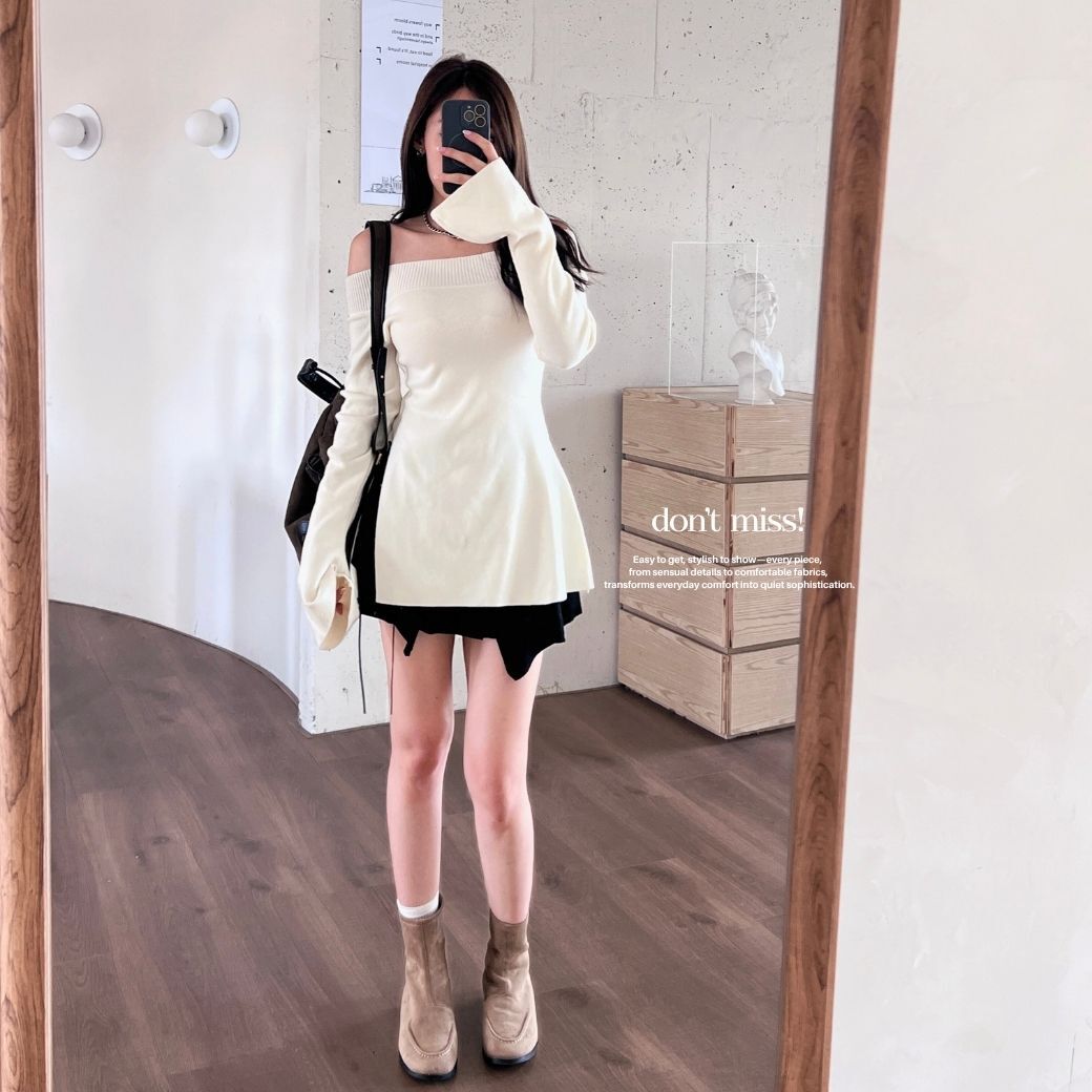 【顯瘦毛衣裙】DOMISS一字露肩喇叭袖針織洋裝-3色 修身曲線針織 約會必收 (現+預)