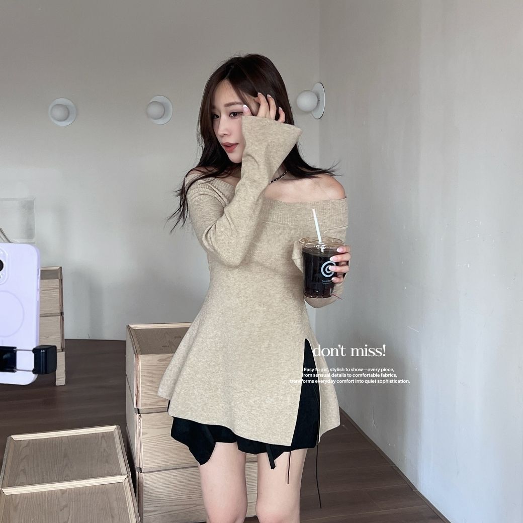 【顯瘦毛衣裙】DOMISS一字露肩喇叭袖針織洋裝-3色 修身曲線針織 約會必收 (現+預)