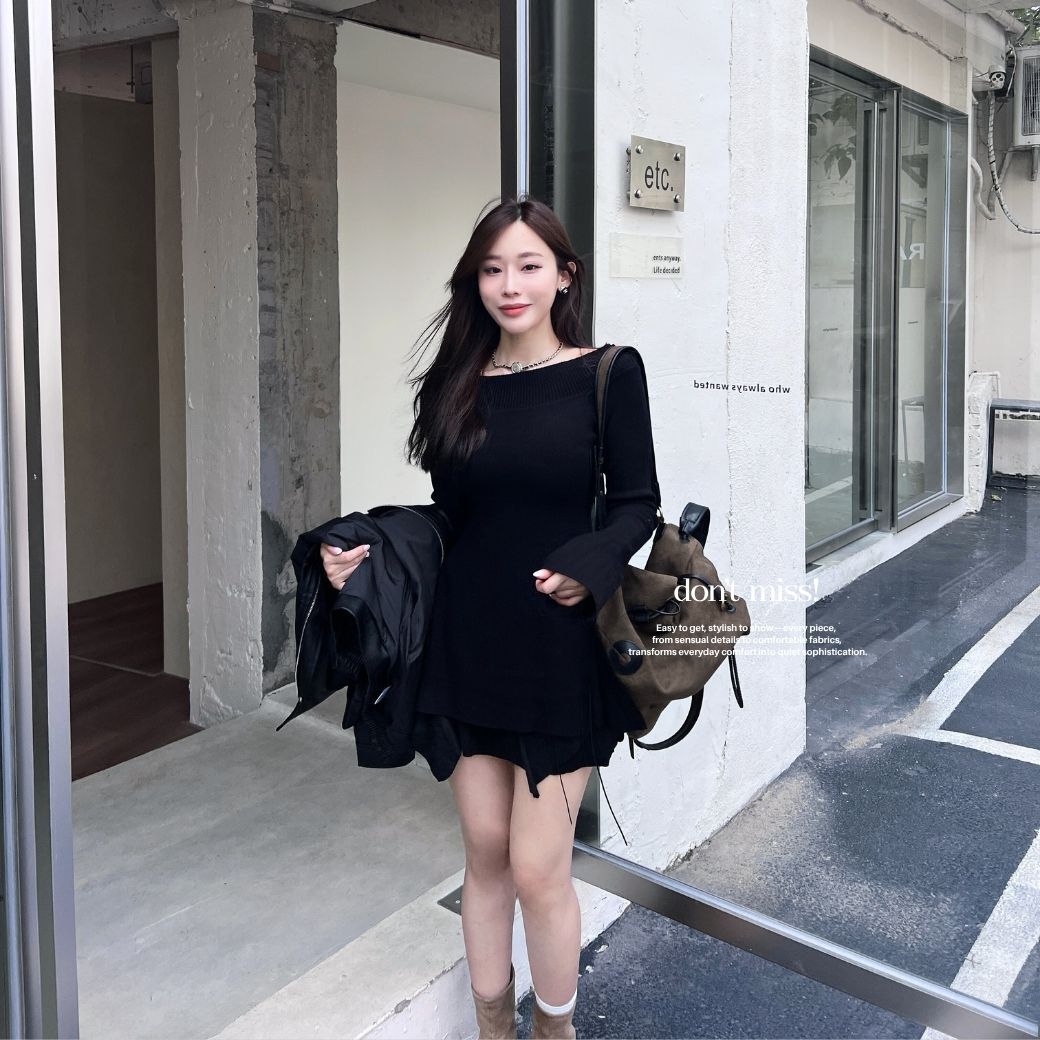 【顯瘦毛衣裙】DOMISS一字露肩喇叭袖針織洋裝-3色 修身曲線針織 約會必收(現+預)