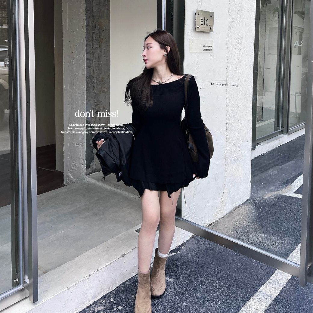 【顯瘦毛衣裙】DOMISS一字露肩喇叭袖針織洋裝-3色 修身曲線針織 約會必收(現+預)