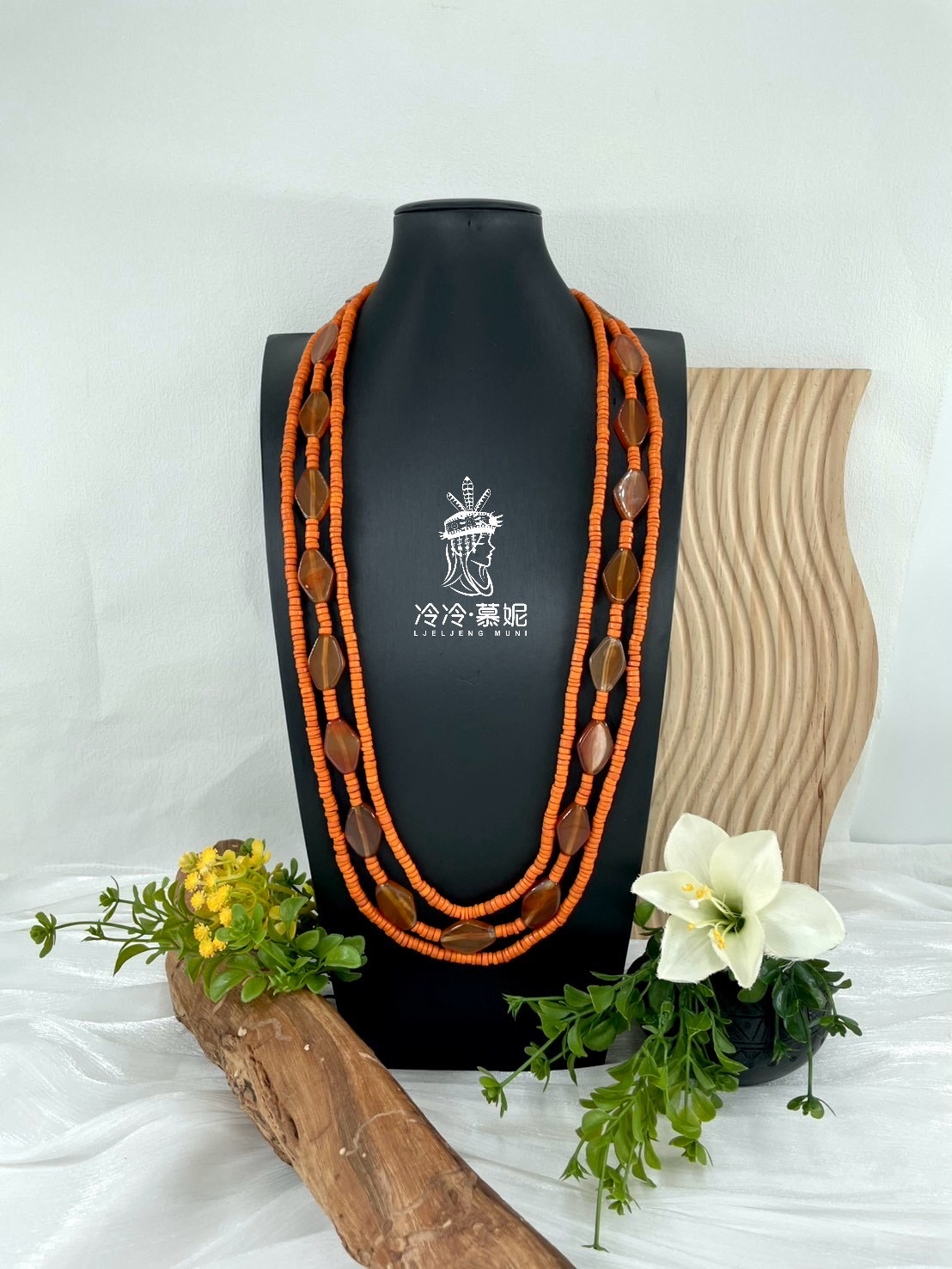 W-No.18傳統做舊扁橘珠瑪瑙三條式複串長鍊80cm