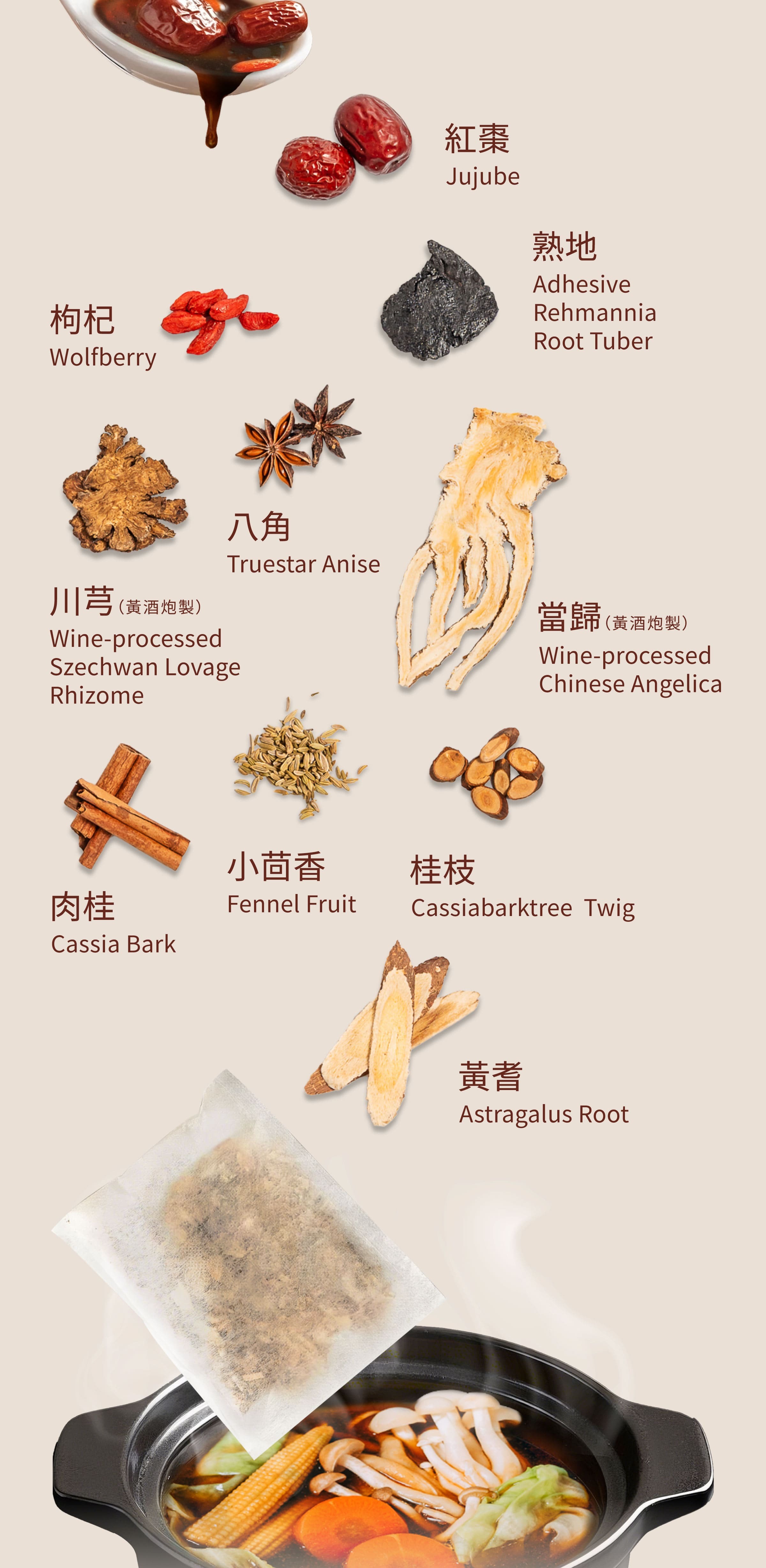 Dengyi 野菜用漢方スープキット の材料