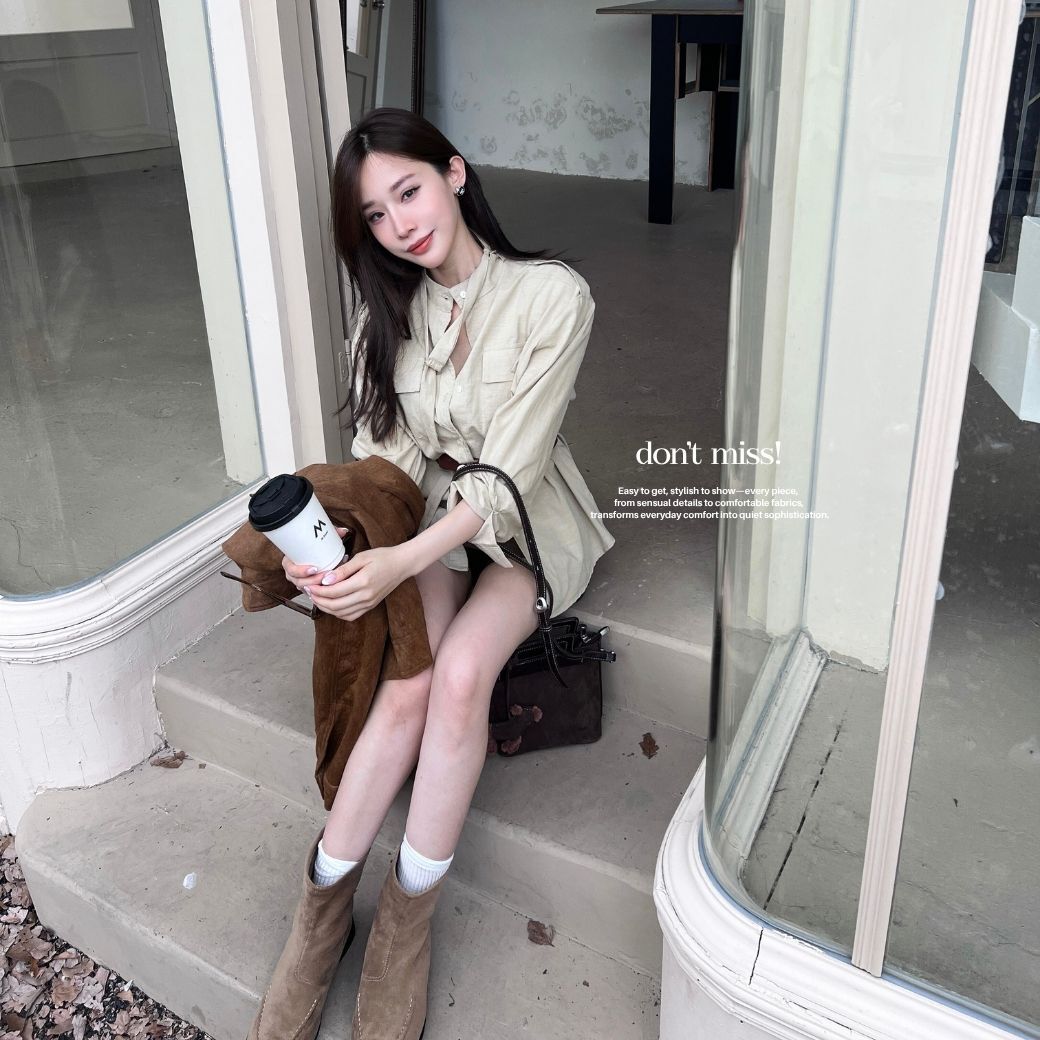 【氛圍感的神】DOMISS附腰封-立體剪裁收腰襯衫 秋冬襯衫 洋裝(現貨)