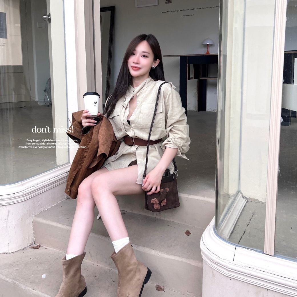 【氛圍感的神】DOMISS附腰封-立體剪裁收腰襯衫 秋冬襯衫 洋裝(現貨)