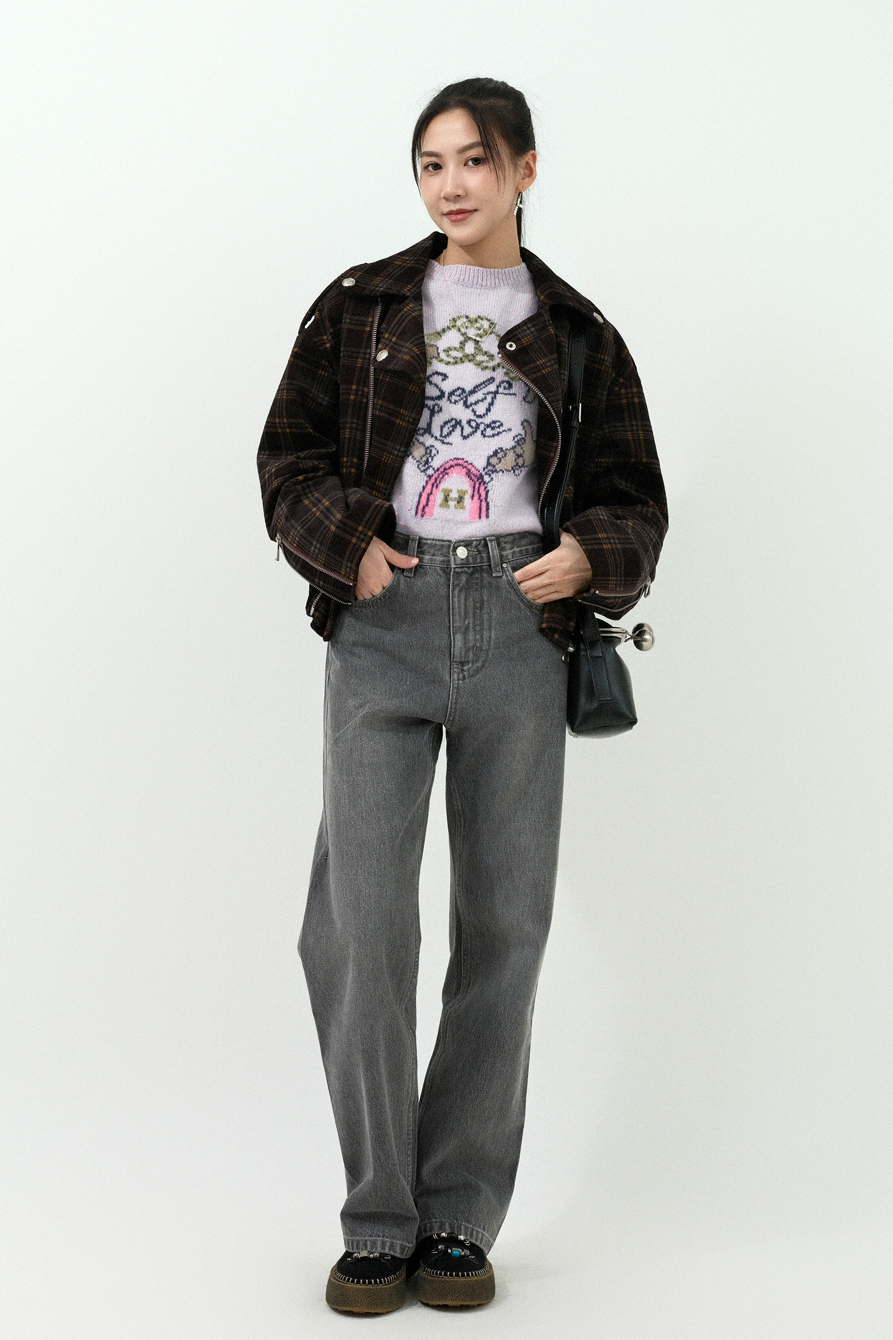 格仔紋燈芯絨biker外套 (預購產品）