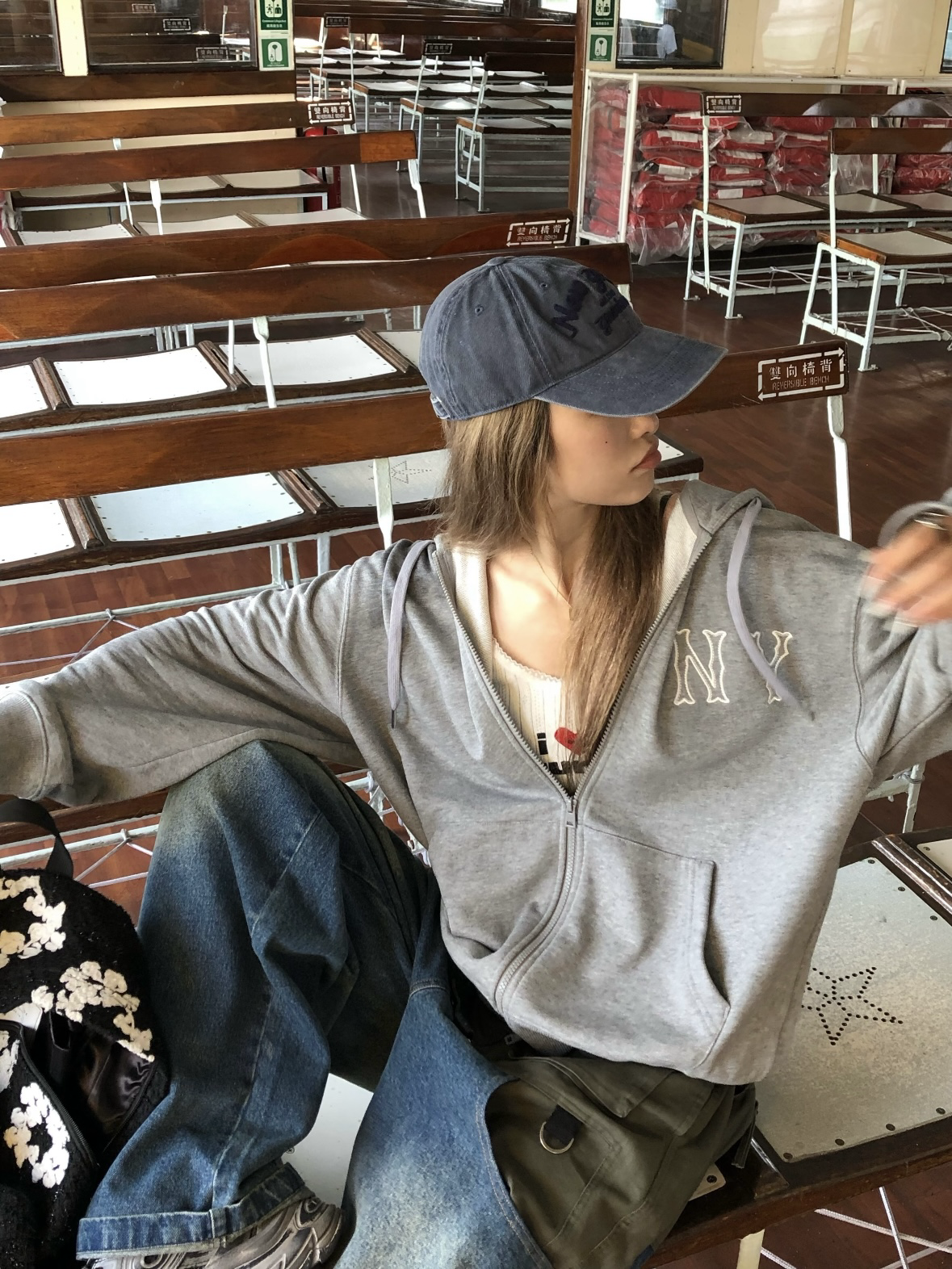 MLB 刺繡 背後 Logo 外套 灰色 雙拉鏈 3ATRB3044-50MGD