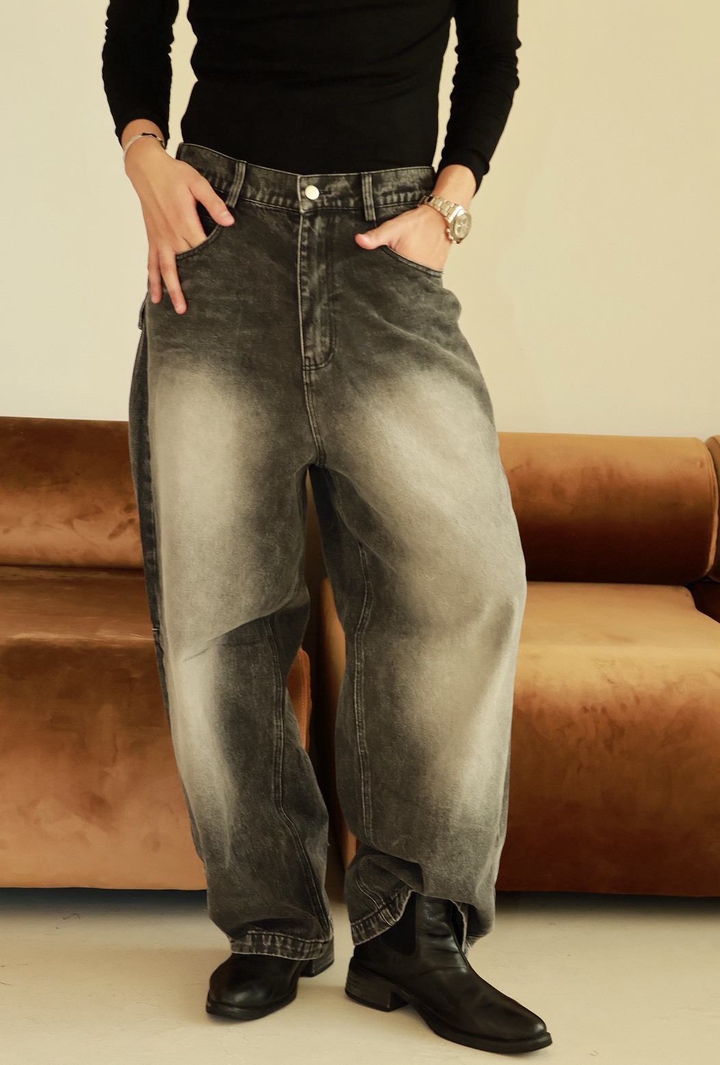 刷白 後鬆緊 後大口袋 #牛仔褲