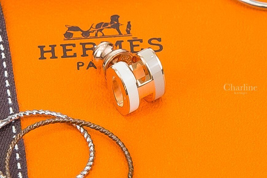 Hermès Mini Pop H Rocabar Earrings 白色/奶茶色迷你珐瑯鍍玫瑰金簍空橢圓耳環