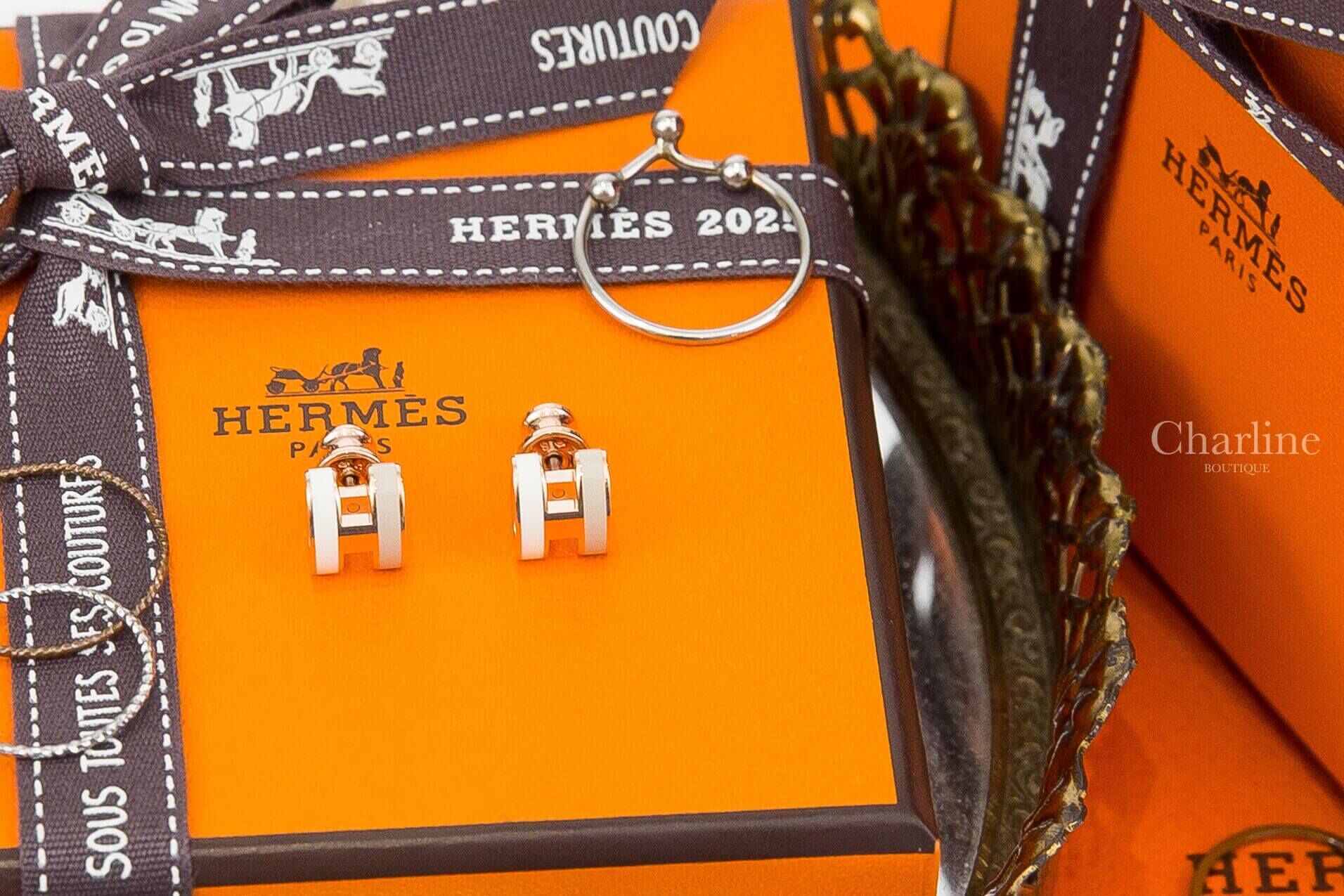 Hermès Mini Pop H Rocabar Earrings 白色/奶茶色迷你珐瑯鍍玫瑰金簍空橢圓耳環