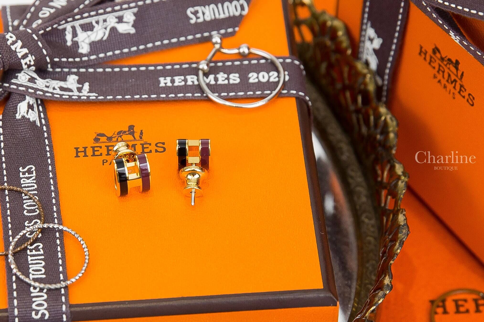 Hermès Mini Pop H Rocabar Earrings 黑色/酒紅色迷你珐瑯鍍金色簍空橢圓耳環-Charline Boutique 精品代購