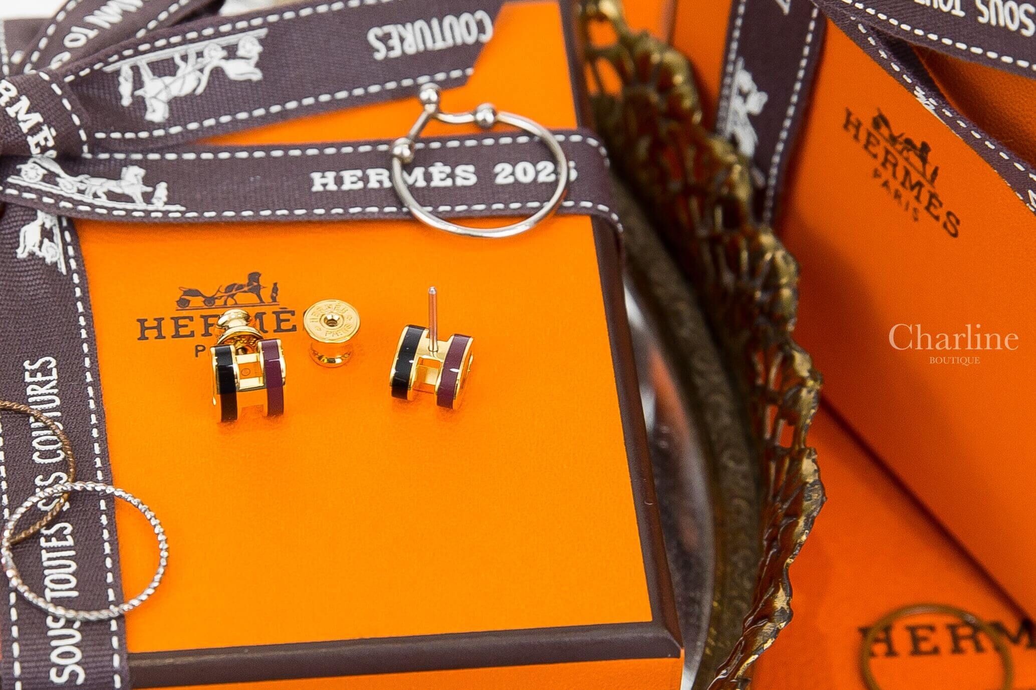 Hermès Mini Pop H Rocabar Earrings 黑色/酒紅色迷你珐瑯鍍金色簍空橢圓耳環-Charline Boutique 精品代購