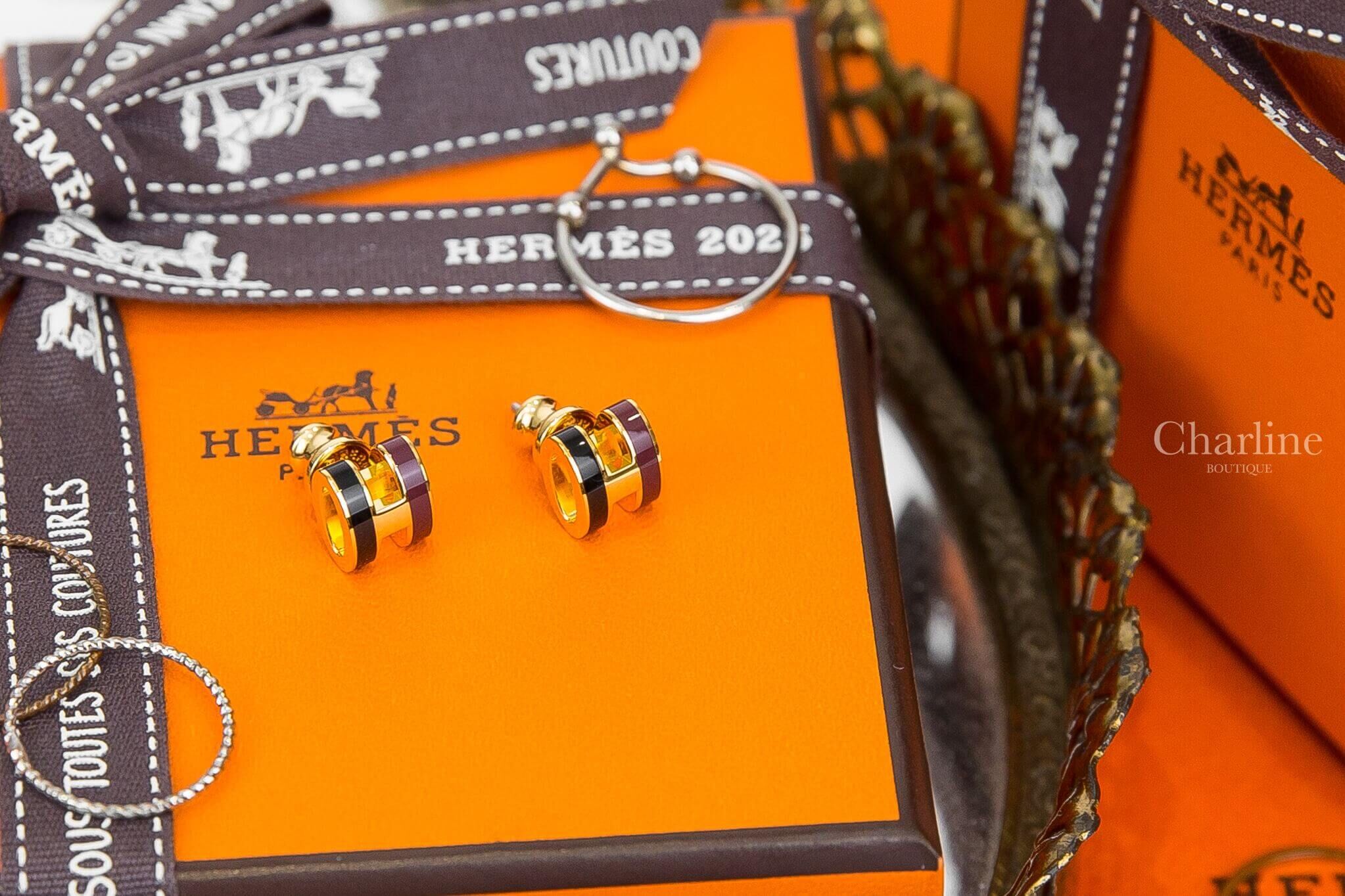Hermès Mini Pop H Rocabar Earrings 黑色/酒紅色迷你珐瑯鍍金色簍空橢圓耳環-Charline Boutique 精品代購