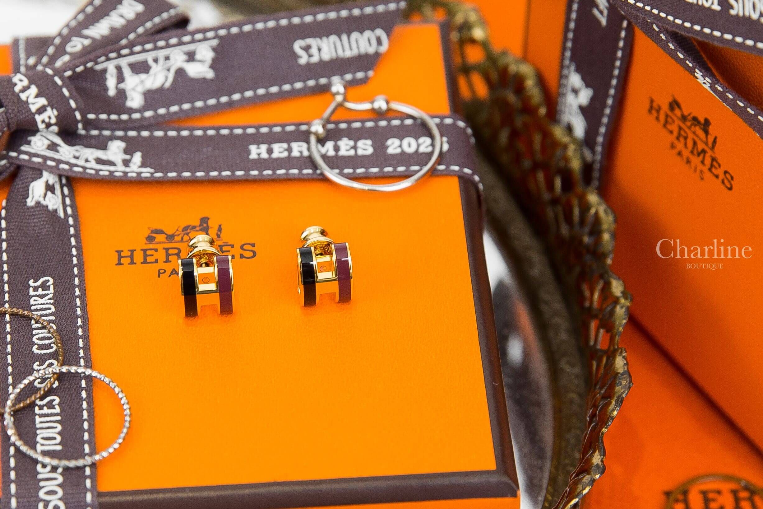 Hermès Mini Pop H Rocabar Earrings 黑色/酒紅色迷你珐瑯鍍金色簍空橢圓耳環