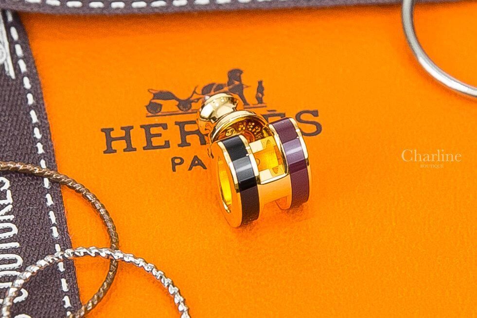 Hermès Mini Pop H Rocabar Earrings 黑色/酒紅色迷你珐瑯鍍金色簍空橢圓耳環