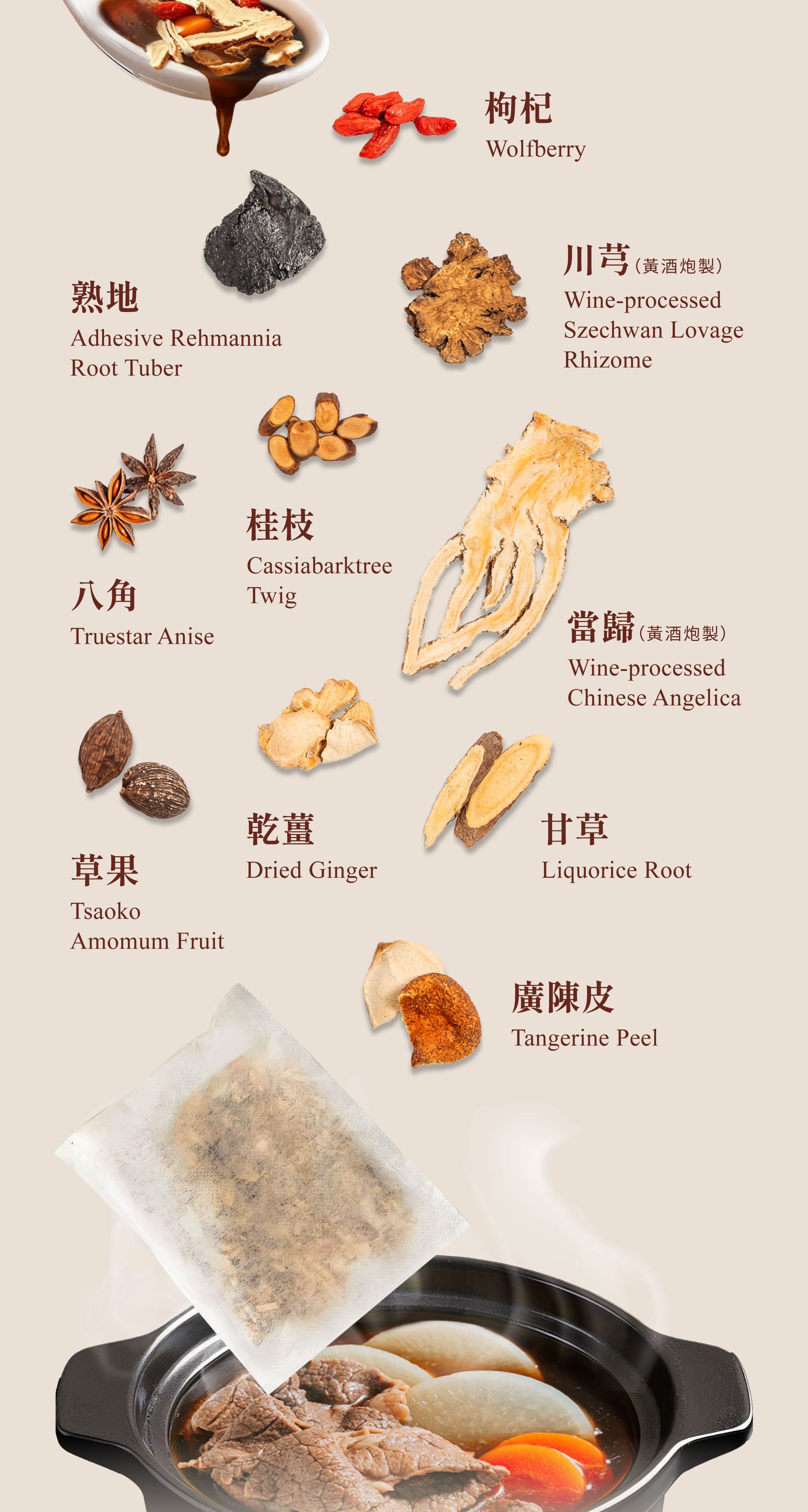 Dengyi Beef Braising Herbal Soup Kit Ingredients