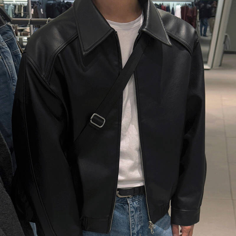 韓系冬季復古街頭感短版皮衣, 特殊落肩剪裁顯肩寬