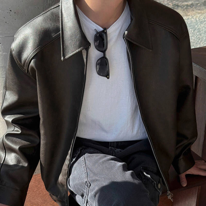 韓系冬季復古街頭感短版皮衣, 特殊落肩剪裁顯肩寬