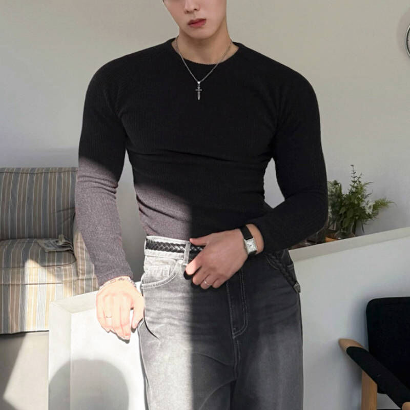 韓國純色圓領斜肩剪裁, 超顯壯合身長袖條紋針織T-Shirt