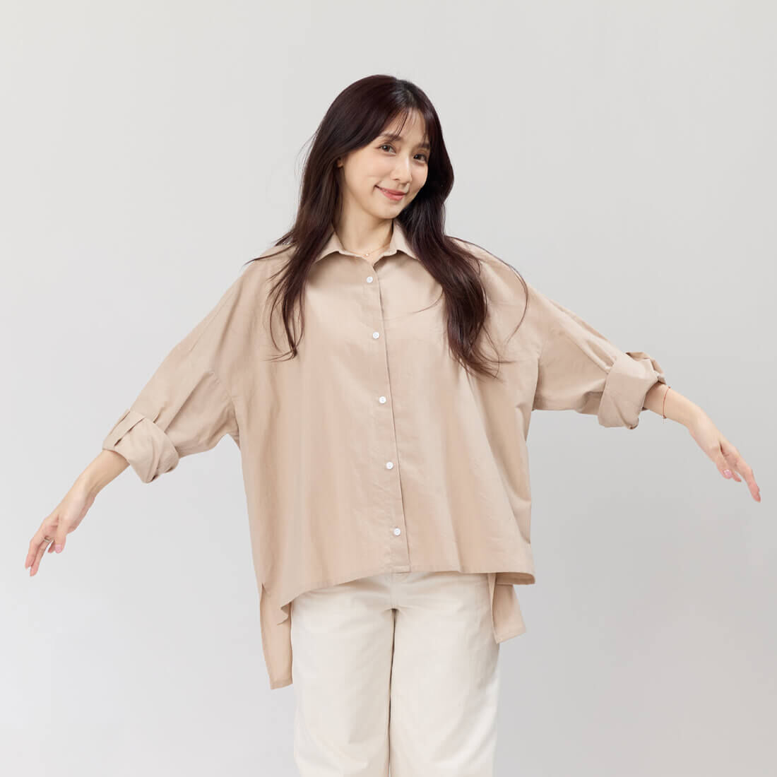 Manda寬版開襟純棉上衣長襯衫/奶茶