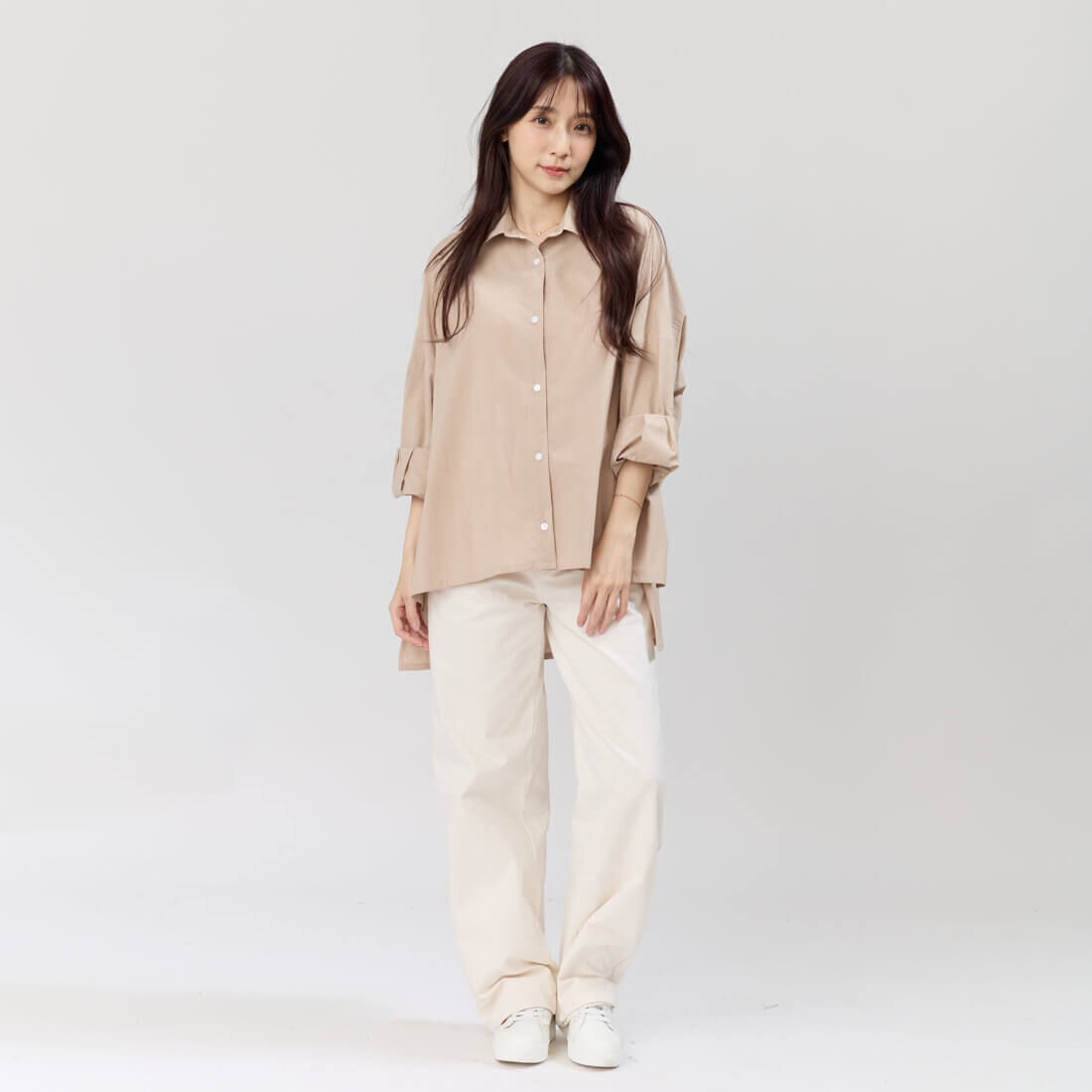 Manda寬版開襟純棉上衣長襯衫/奶茶