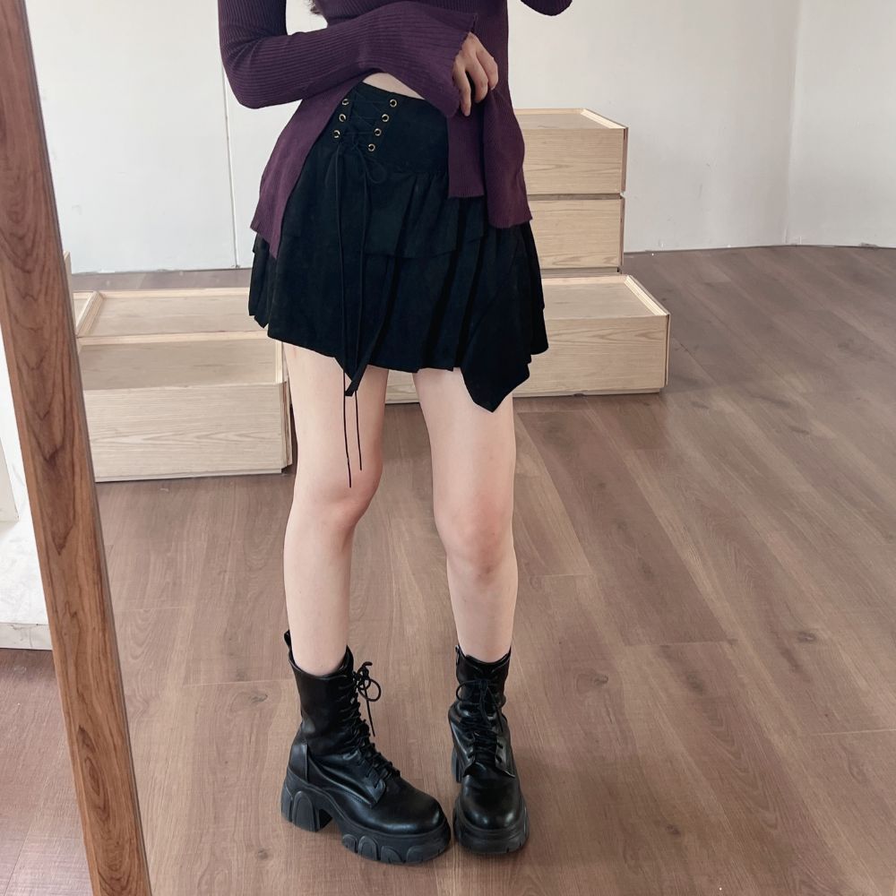 【山形不規則短裙】DOMISS麂皮壓褶裙 綁帶裙子 麂皮短褲裙-3色(現貨)