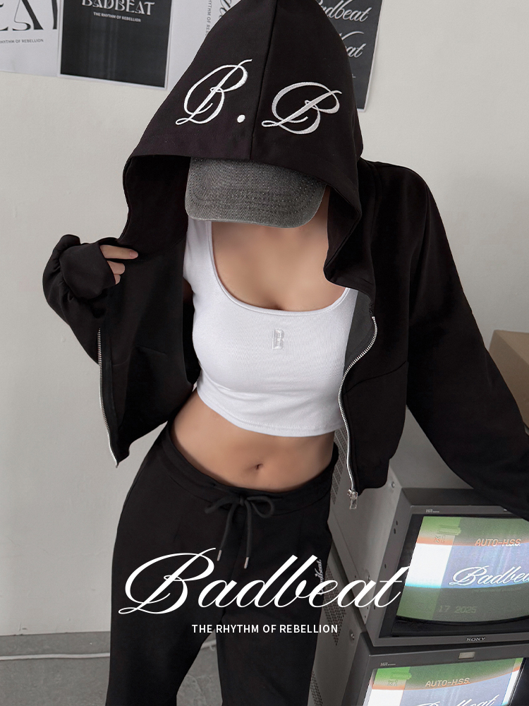 Badbeat品牌刺繡連帽套裝 (黑)不含小背心