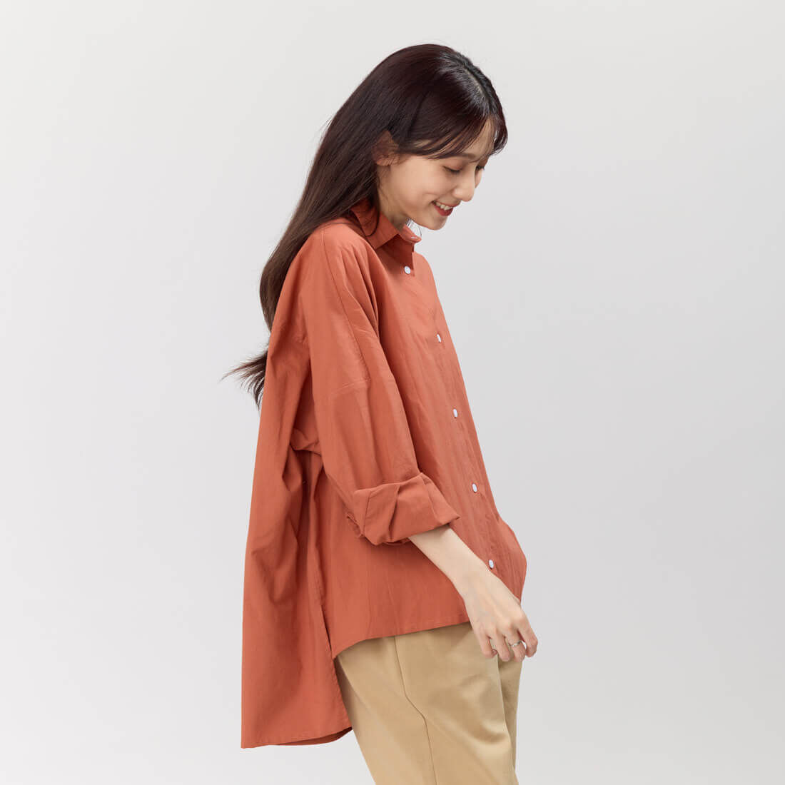 Manda寬版開襟純棉上衣長襯衫/磚橘