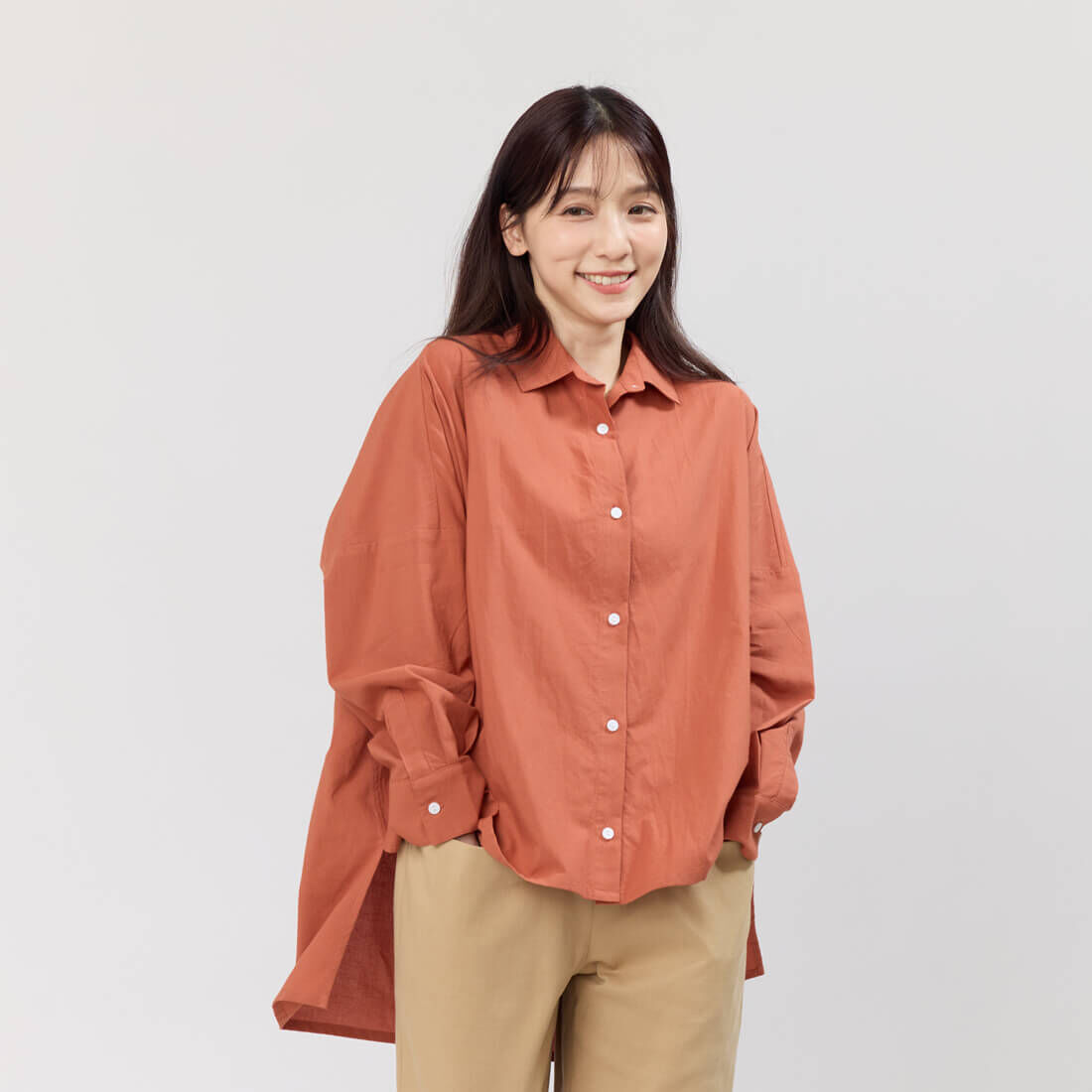 Manda寬版開襟純棉上衣長襯衫/磚橘