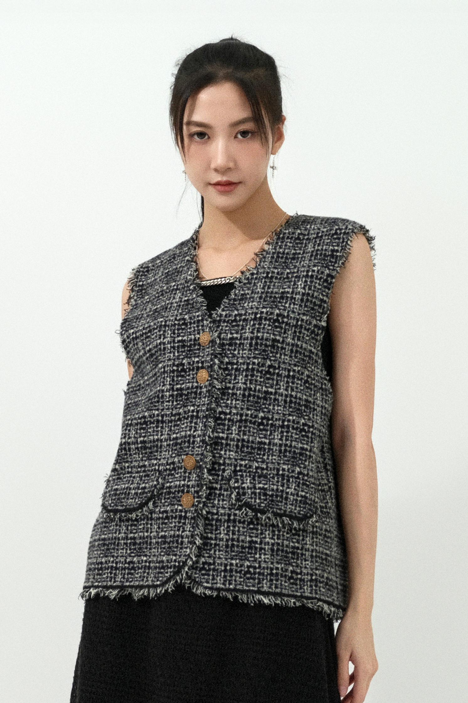 蘇蘇邊花格針織背心外套 （現貨款式）