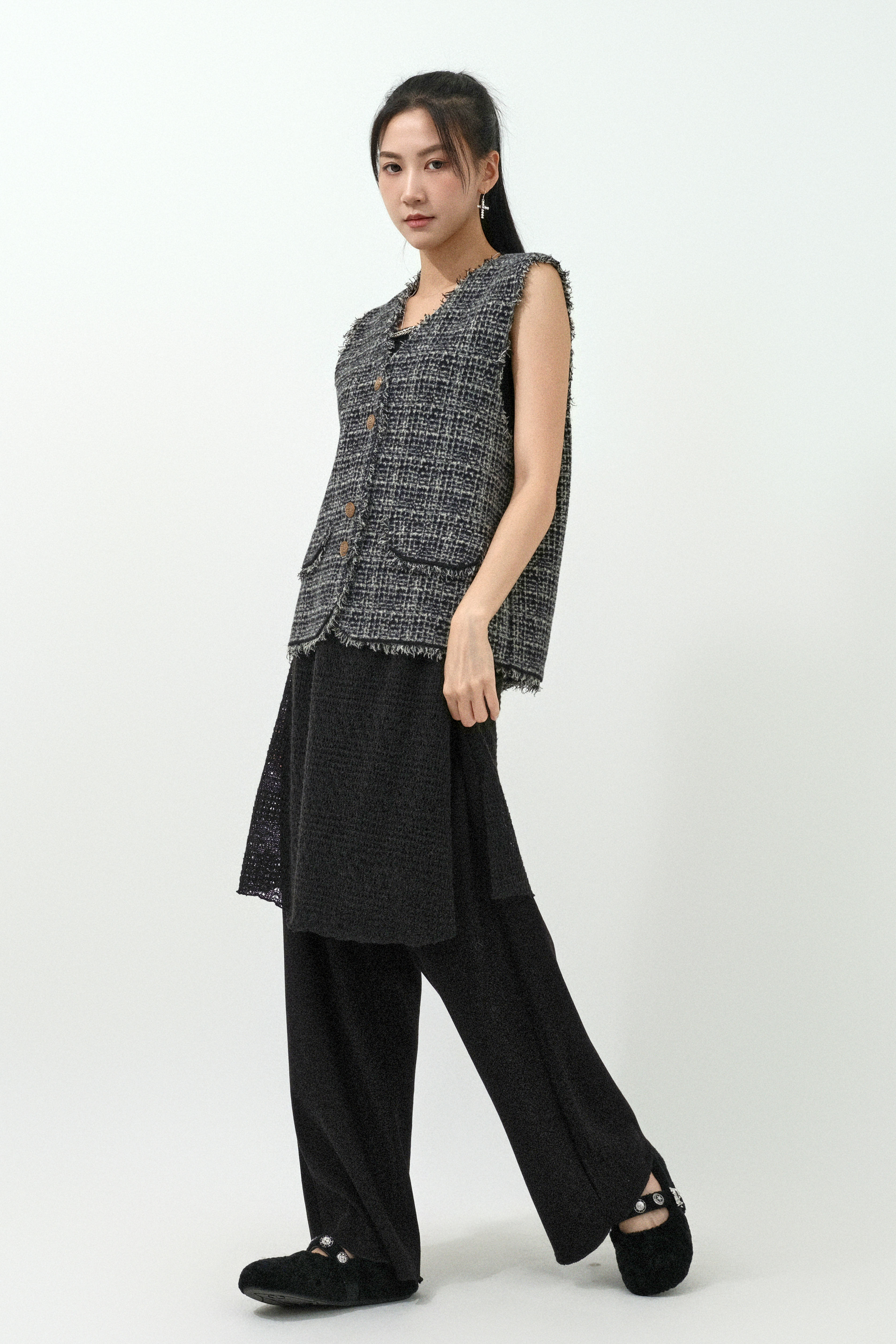 蘇蘇邊花格針織背心外套 （現貨款式）