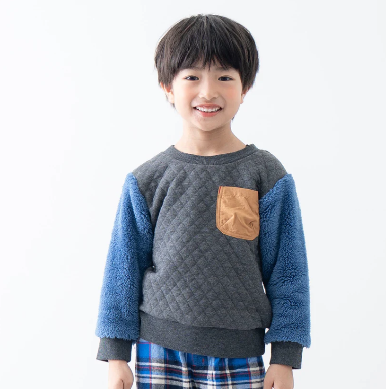 RMB10T005GY  Rag-mart  灰藍毛毛拼袖菱格紋口袋衛衣