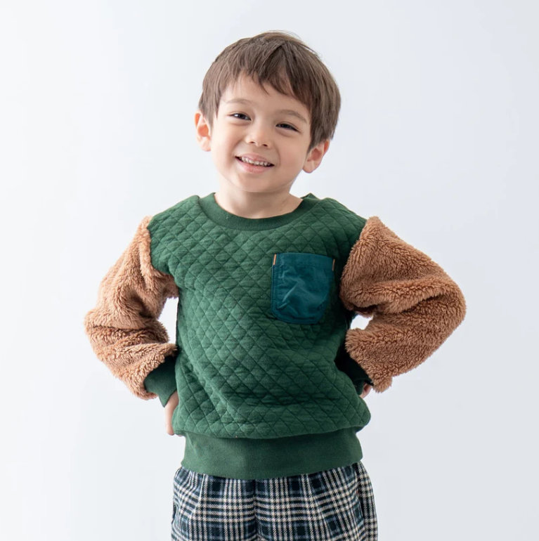 RMB10T006GN  Rag-mart 綠啡毛毛拼袖菱格紋口袋衛衣